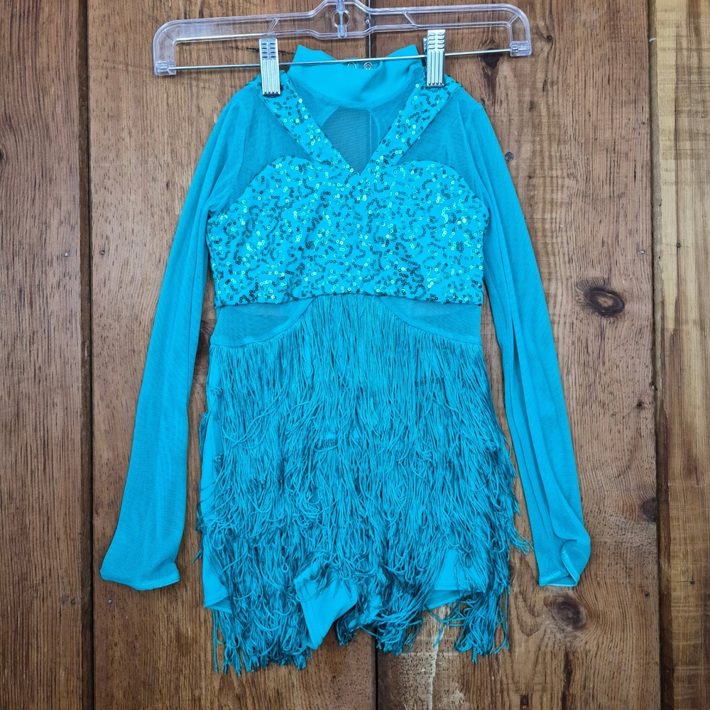 Weissman Kids Turquoise Blue Sequin Fringe Long Sleeve Dance Leotard IC